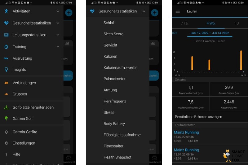 Man sieht das Menü der Garmin Connect App.